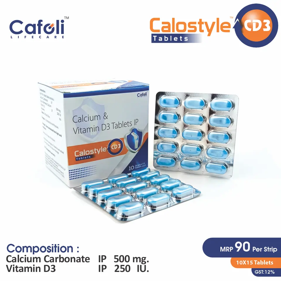 Calcium Carbonate & Vitamin D3 Tablet at the best price in PCD Pharma Franchise for bone health support.